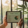Cultivator analyzing cannabis data on a tablet beside a plant.