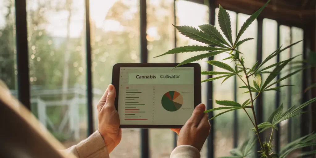 Cultivator analyzing cannabis data on a tablet beside a plant.