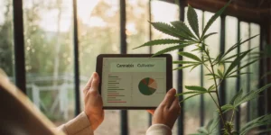 Cultivator analyzing cannabis data on a tablet beside a plant.