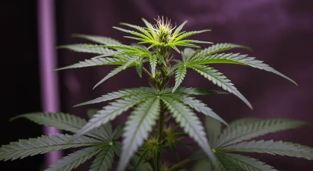 Cannabis-early-flowering-stage with emerging pistils and vibrant green leaves under indoor lighting.