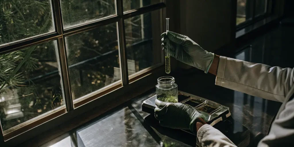 scientist holding test tube with cannabis extract in laboratory