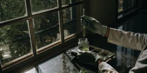 scientist holding test tube with cannabis extract in laboratory