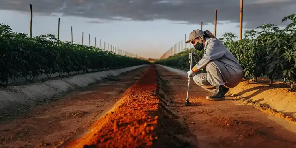 agronomist analyzing soil in cannabis field during sunset