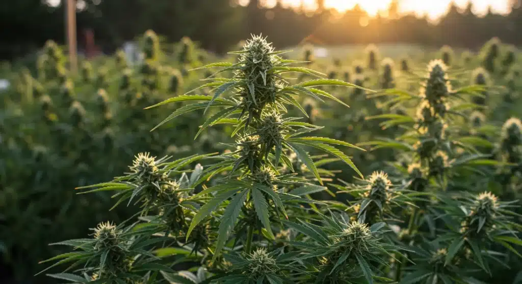 Cannabis-field-sunset-flowering-plants-backlit-buds glowing in warm light.