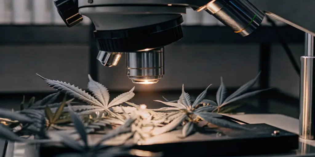 Cannabis flower analyzed under a digital microscope in a laboratory.