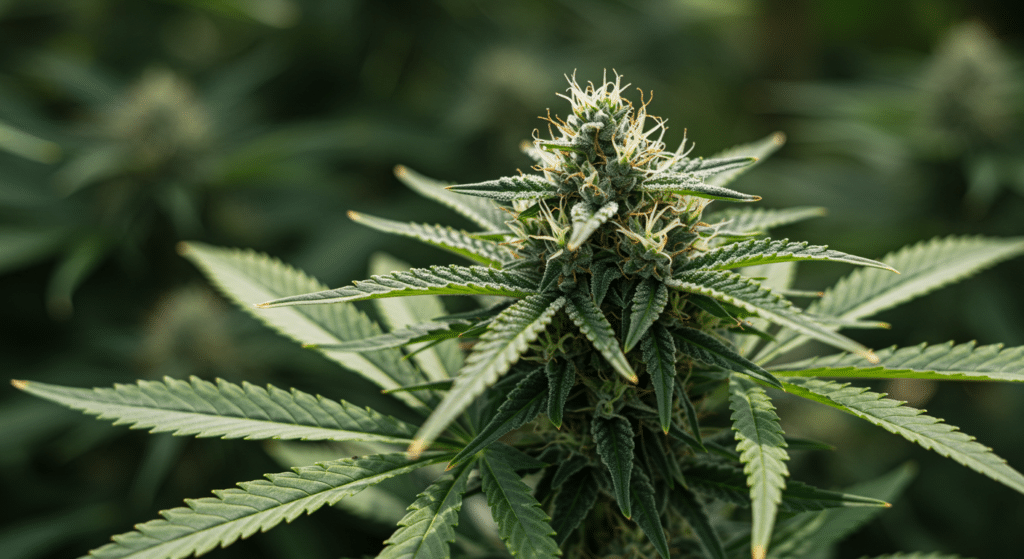 Cannabis flower close-up with visible trichomes, dense buds, and vibrant green leaves during flowering stage