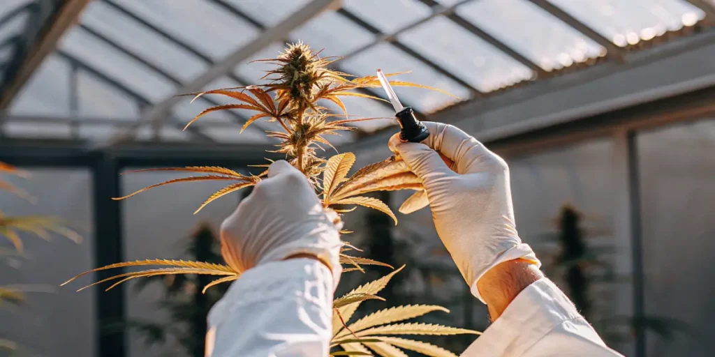 scientist applying liquid on cannabis flower with dropper inside greenhouse