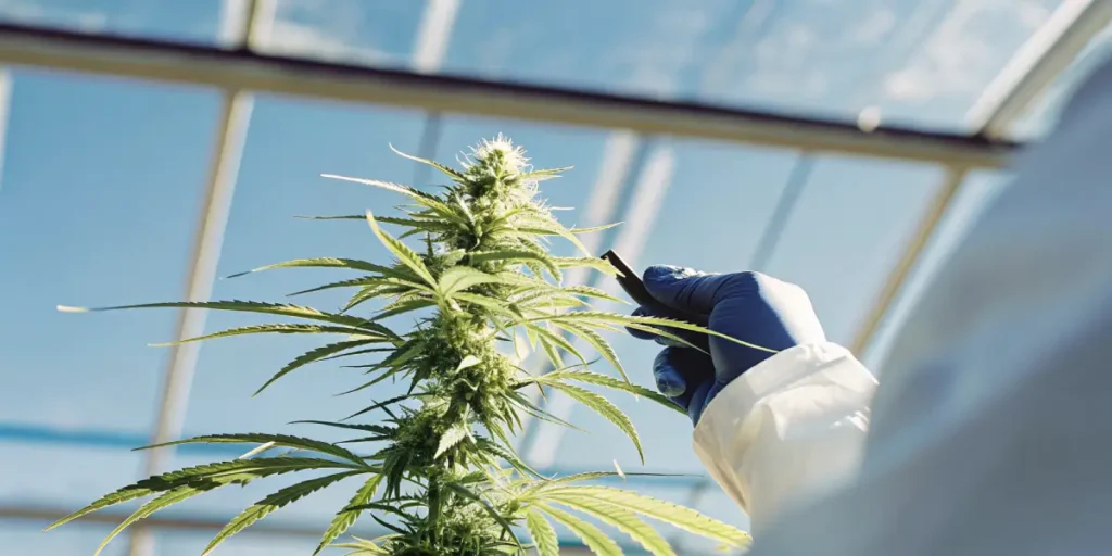 Gloved hand examining a flowering cannabis plant in a bright greenhouse.