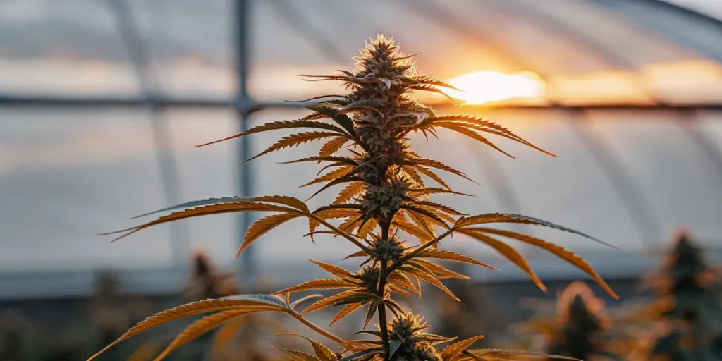 Flowering cannabis plant backlit by sunset inside a greenhouse.