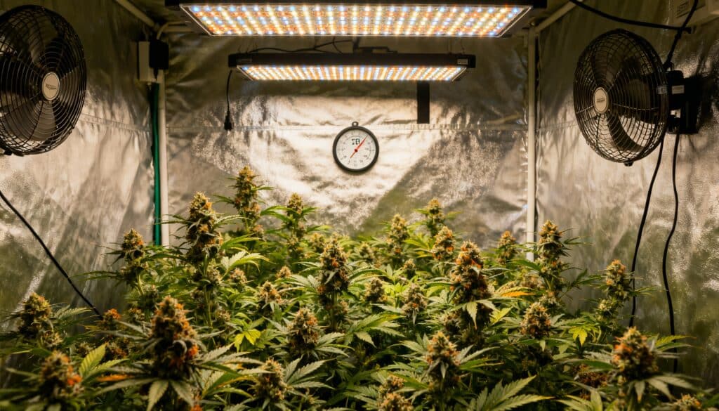 Cannabis-flowering-room-led-lights-climate-control with dense buds under LED grow lights.