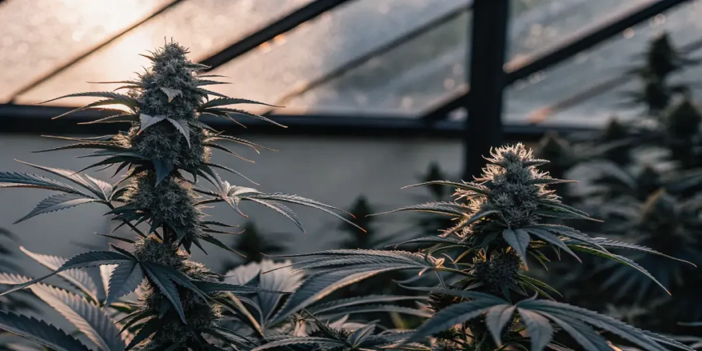 Cannabis plants in flowering stage inside a greenhouse with natural light.