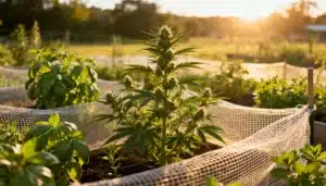Cannabis-garden-companion-plants-sunset with flowering cannabis and herbs in warm golden light.