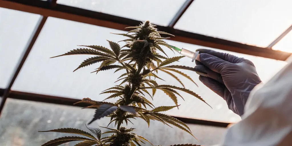 scientist injecting cannabis bud with syringe in greenhouse lab