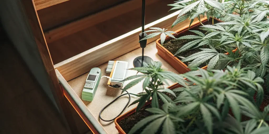 cannabis grow room with digital sensors and potted plants under LED light