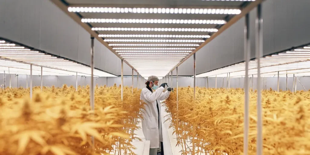 scientist inspecting cannabis plants under LED lights in a grow room