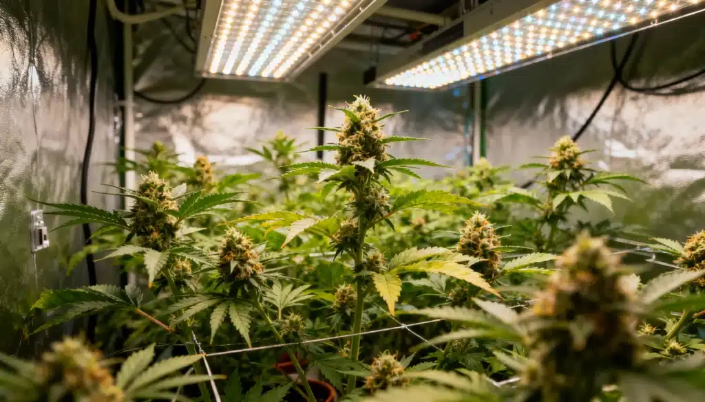 Cannabis-grow-tent-flowering-buds-under-led-lamps showing mature plants in a controlled tent.