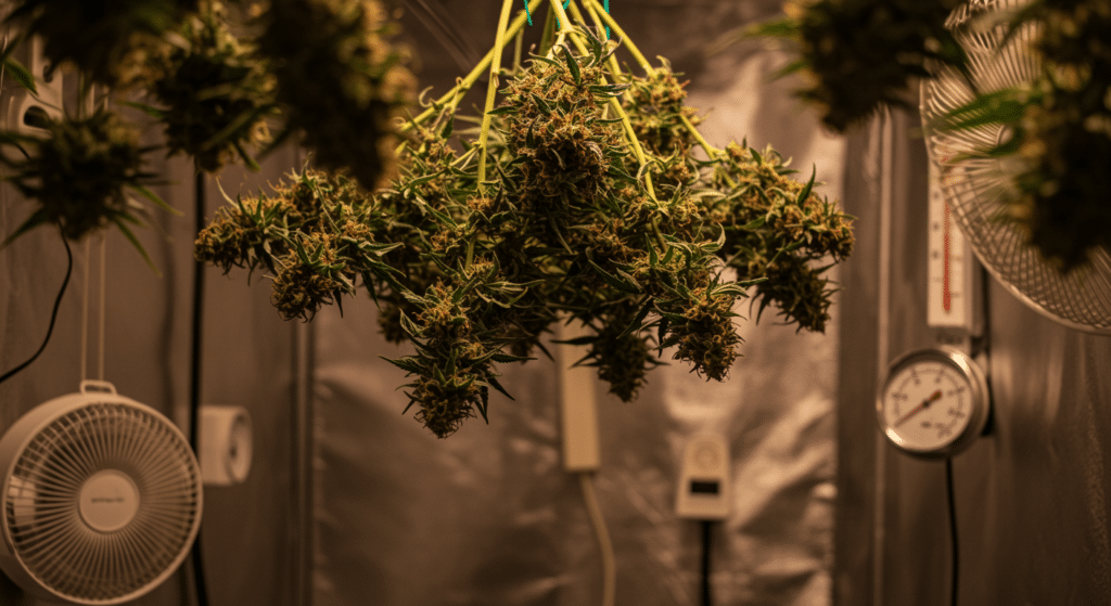 Cannabis harvest drying room with hanging branches and mature buds curing indoors
