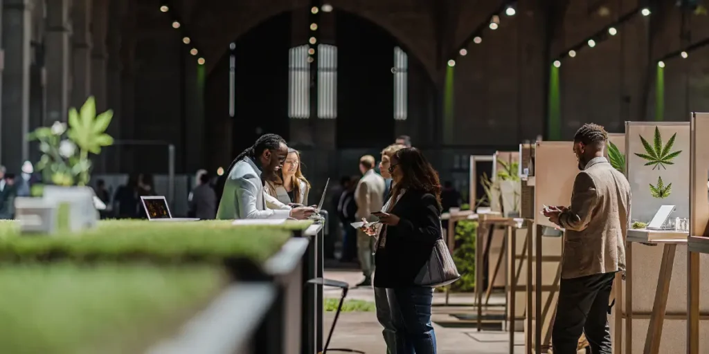 Visitors networking and exploring cannabis product displays at a large industry exhibition.