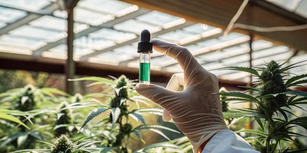 gloved hand holding vial of cannabis extract in greenhouse laboratory