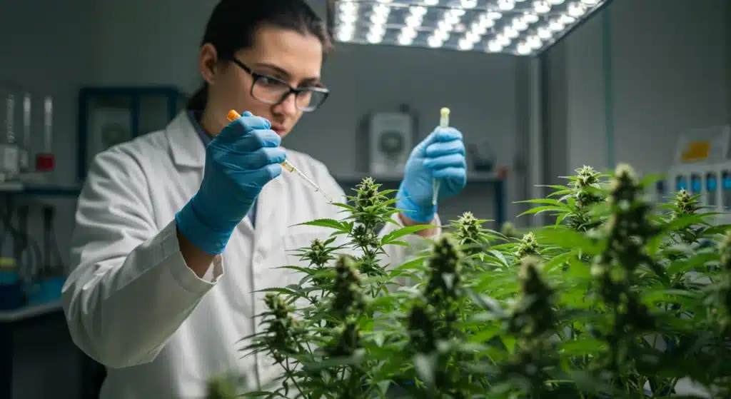 Cannabis-lab-scientist-testing-plants using a dropper under controlled lighting.