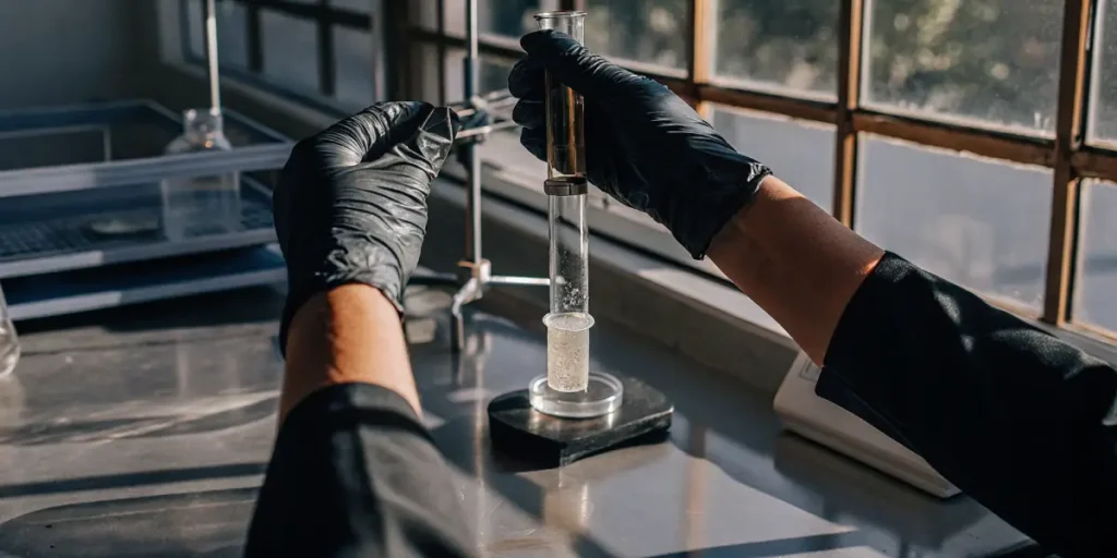gloved hands conducting chemical test with cannabis solution in lab