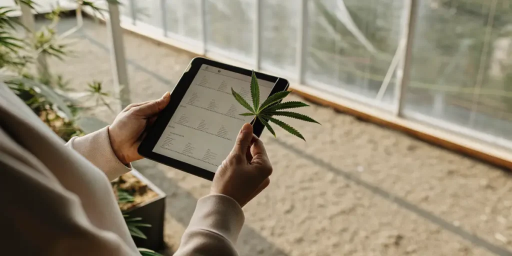 Grower holding a cannabis leaf while using a tablet for monitoring.