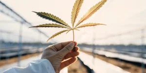 researcher holding cannabis leaf under sunlight in greenhouse