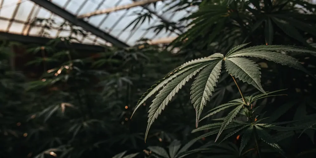 cannabis leaf in dim greenhouse light with natural texture