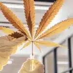 scientist holding yellow cannabis leaf in laboratory with gloves