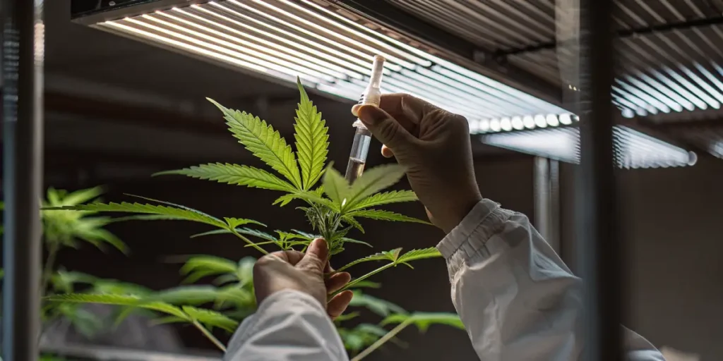 scientist injecting cannabis leaf under LED lights in laboratory