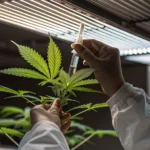 scientist injecting cannabis leaf under LED lights in laboratory