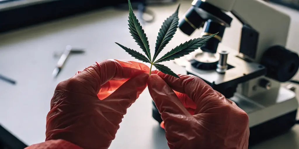 Scientist holding a cannabis leaf near a microscope for laboratory analysis.
