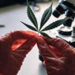Scientist holding a cannabis leaf near a microscope for laboratory analysis.