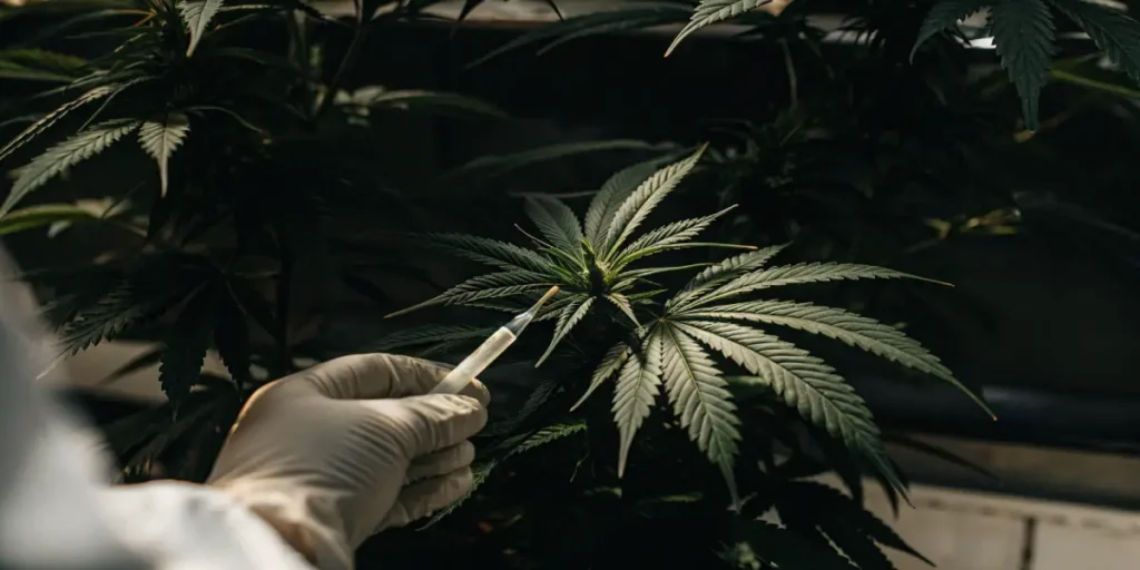 researcher applying syringe to cannabis leaf for scientific testing