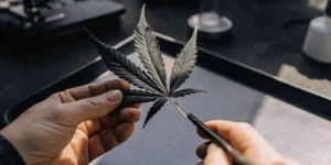Close-up of a cannabis leaf being sampled for laboratory analysis.
