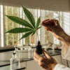 scientist examining cannabis leaf sample in laboratory with glass rod