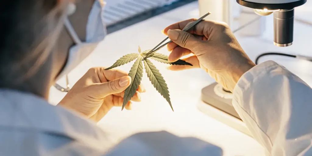 Scientist examining a cannabis leaf with tweezers under a microscope.