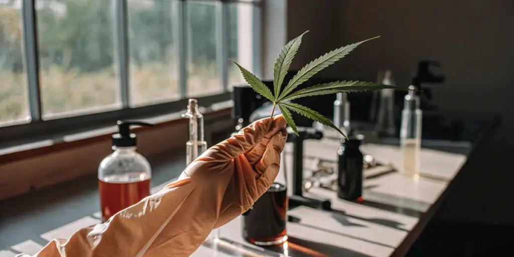 gloved researcher examining cannabis leaf in laboratory setting