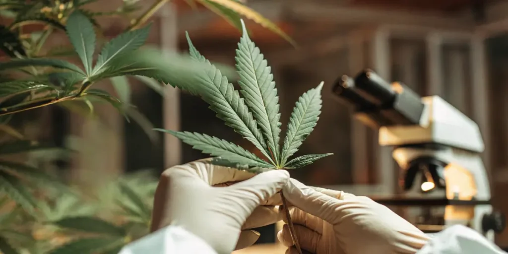 Researcher inspecting a cannabis leaf beside a microscope in lab environment.