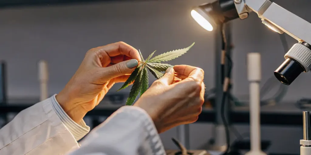 Researcher holding a cannabis leaf for detailed inspection in a lab.
