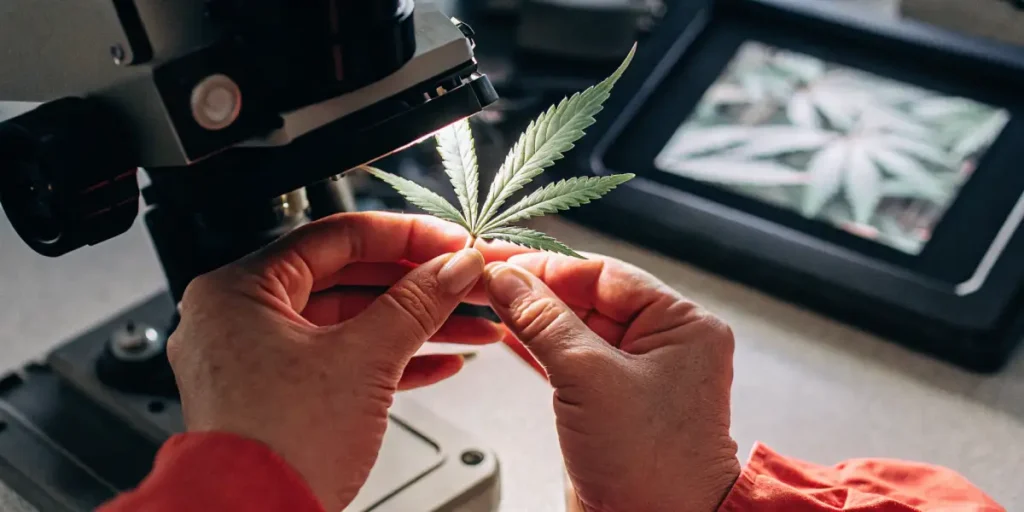 Scientist observing a cannabis leaf under a microscope in a research lab.