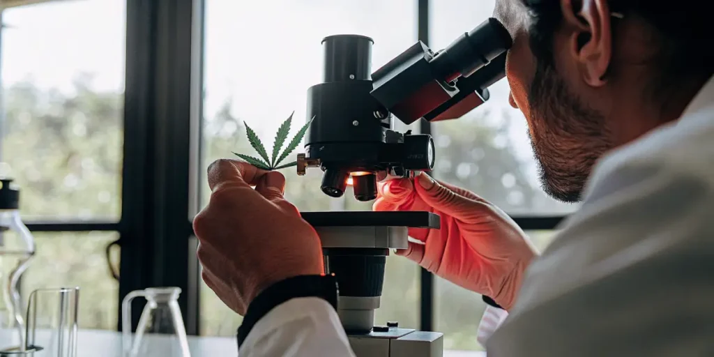 scientist examining a cannabis leaf under a microscope in a bright laboratory