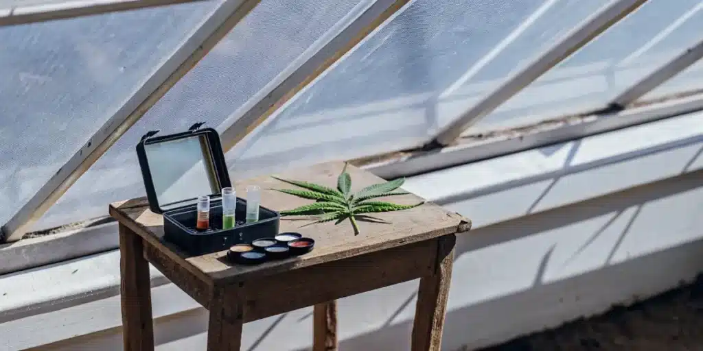 cannabis leaf and portable testing kit on a wooden table in greenhouse