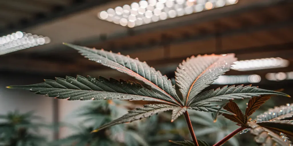 Cannabis leaf with visible water droplets under LED grow lights.