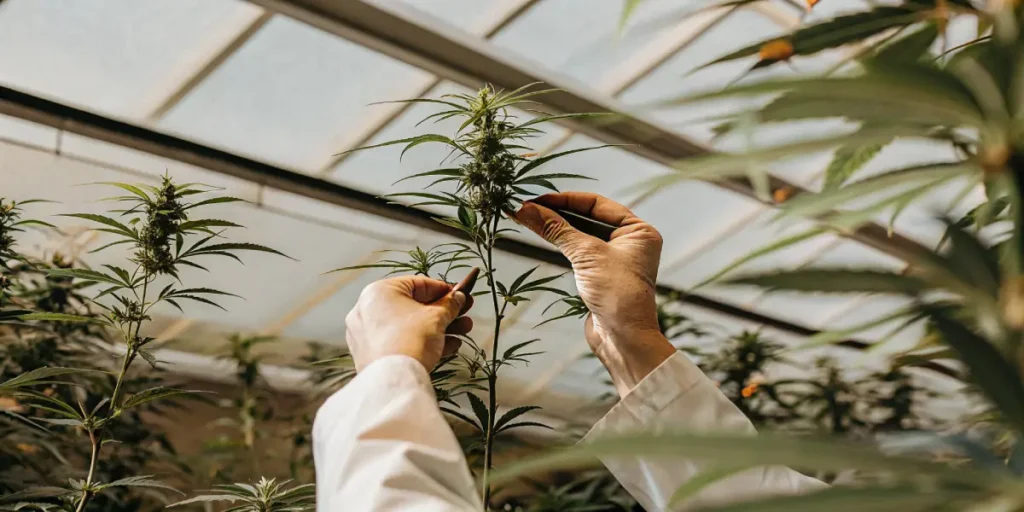 cannabis leaves covered in morning dew under soft sunrise light