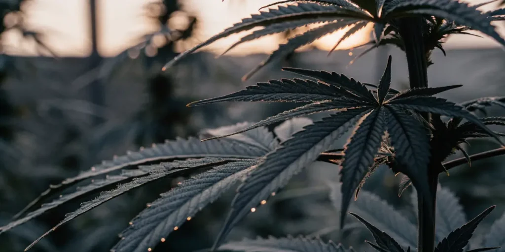 cannabis leaves covered in morning dew under soft sunrise light