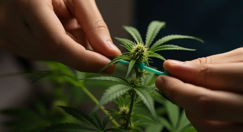 Cannabis-low-stress-training-lst-technique-closeup showing hands bending and securing plant branches.