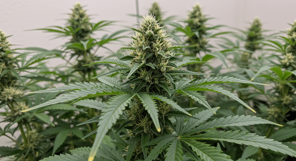 Cannabis mother plant close-up showing strong stems and healthy leaf structure