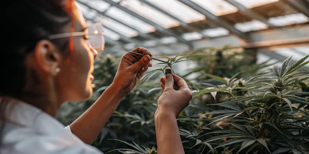 cannabis plant close-up with sunlight shining on green leaves