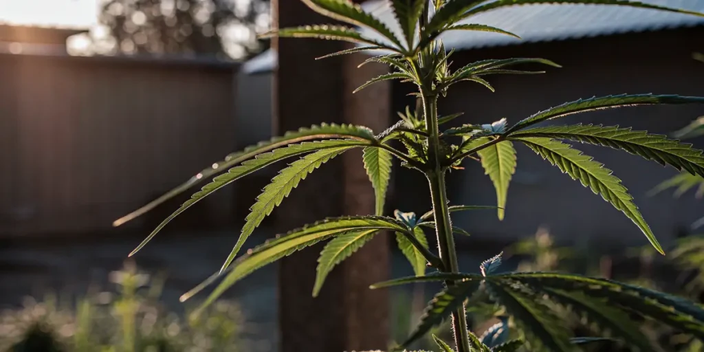 cannabis plant close-up with sunlight shining on green leaves